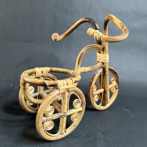 VTG Wicker Bamboo Tricycle Bike Planter Pot Holder 10” Tall Handcrafted - Picture 5 of 15